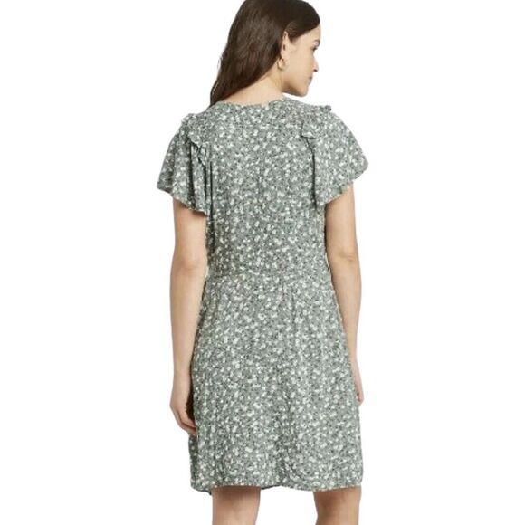 Green Flower Ruffle Short butterfly Sleeve Wrap Dress Cottagecore NWT - Picture 7 of 10